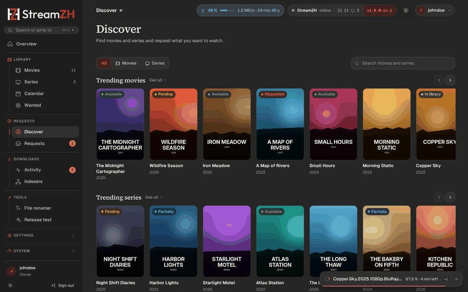 Discover: trending movies and series with available, pending and requested states