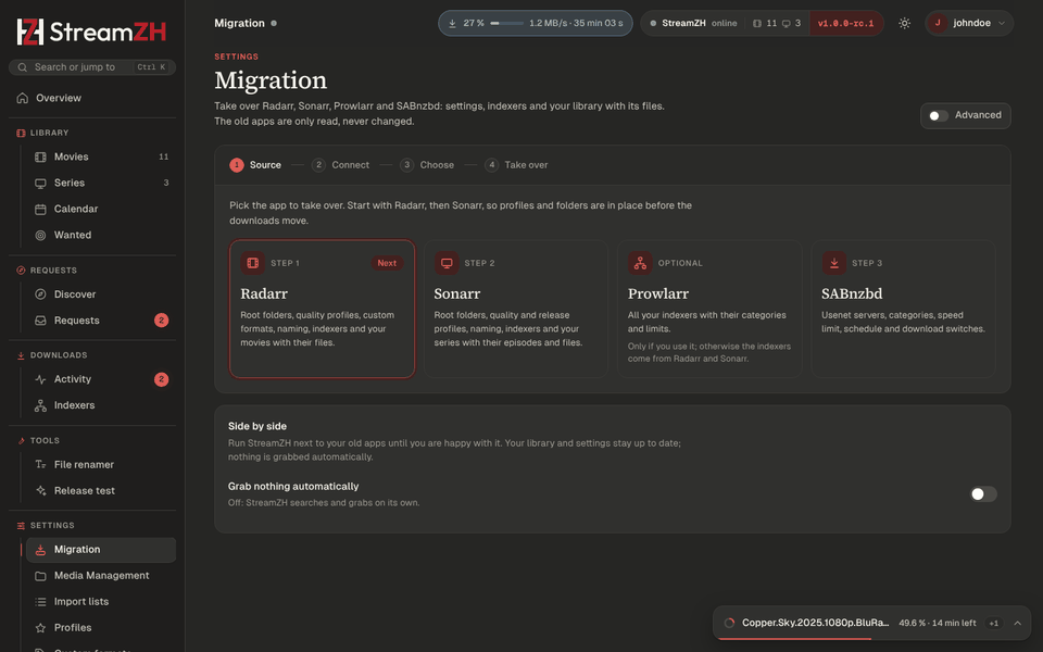 Settings, Migration: the wizard takes over Radarr, Sonarr, Prowlarr and SABnzbd step by step